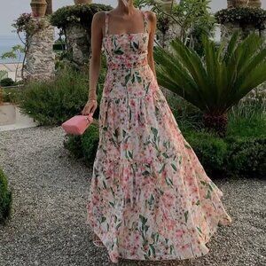 Agua by Agua Bendita Lima Floral Linen Sleeveless Square-Neck Maxi Dress